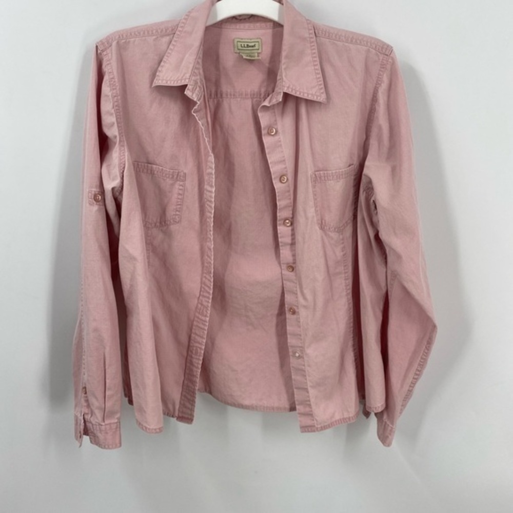 L.L. Bean Pink Chambray Button Front Rollsleeve S… - image 1